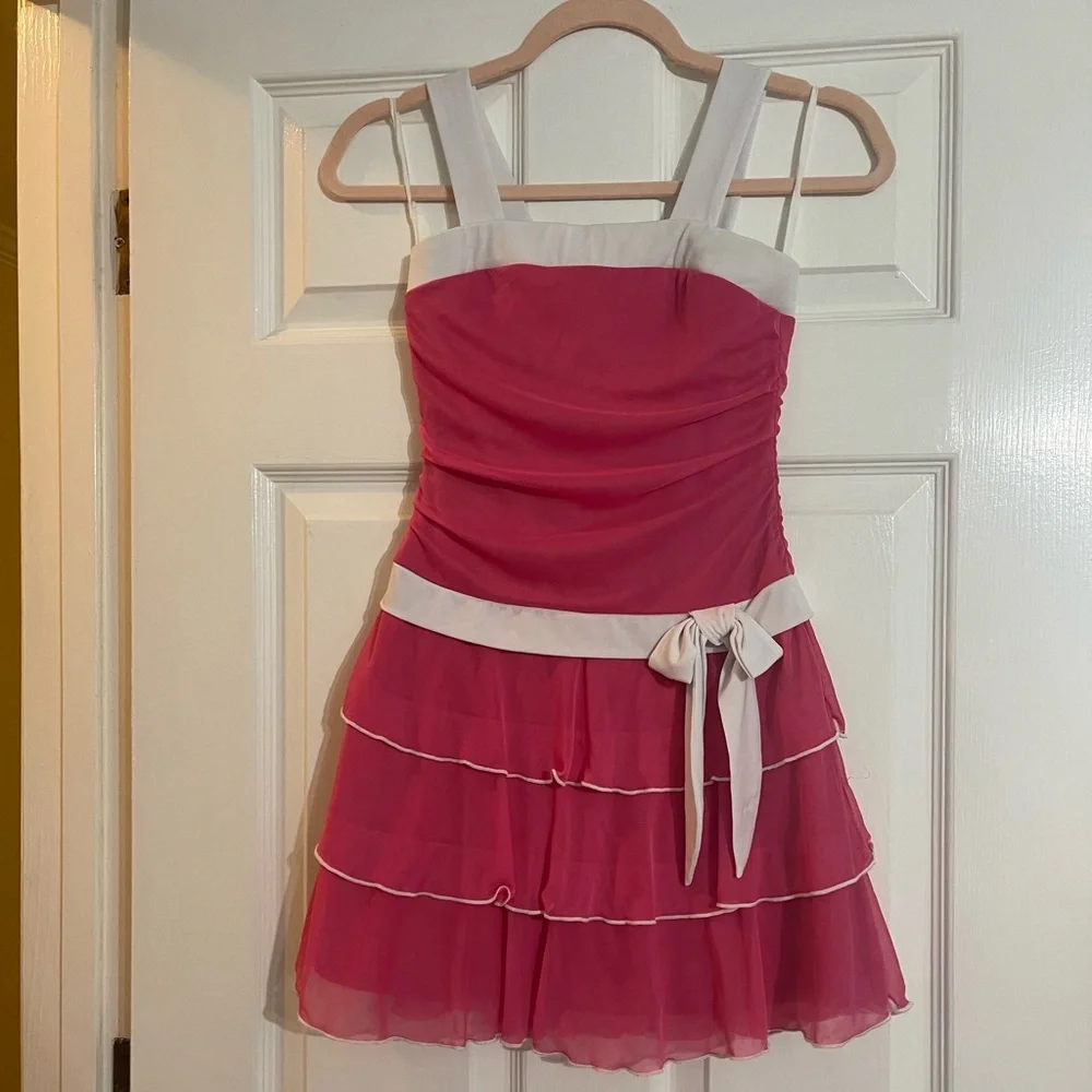 I.N. San Francisco Formal Hot Pink Dress White Straps & Bow Girls Size 10 π - Picture 3 of 16